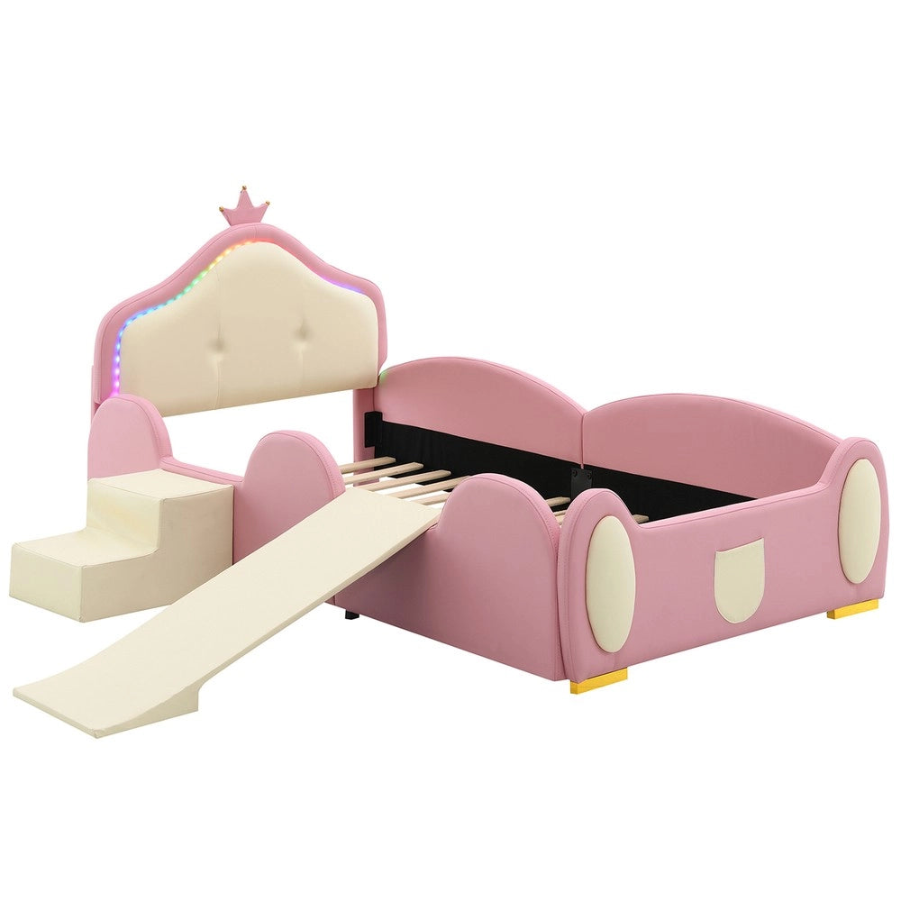 Letto imbottito per bambini con scivolo e LED ¨C Minimal ¨C Rosa e Beige PU 90x200 cm