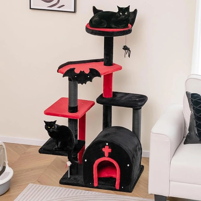 Albero per Gatti Gotico, Tiragraffi con Letto per Gatti, Condominio ad Arco, Pali, Pompom e Palline a Molla, Cat Tree di Halloween a 6 Livelli