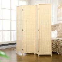 Paravento da Interno a 4 Ante Pieghevole Altezza 180cm, Legno e Bambù Stile Boho, Colore Naturale