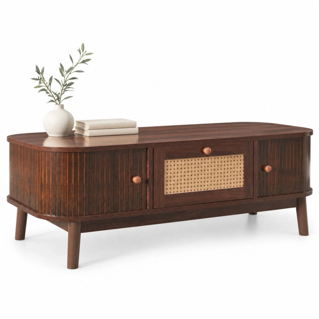 Tavolino da caffè 110 cm con rattan, ante scorrevoli e cassetti
