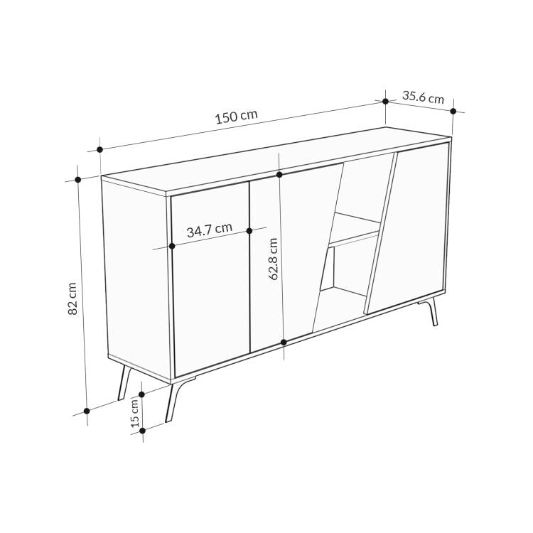 Madia Credenza Moderna 150 cm con 2 Ante 8 Vani e Ripiani Grigio e Quercia