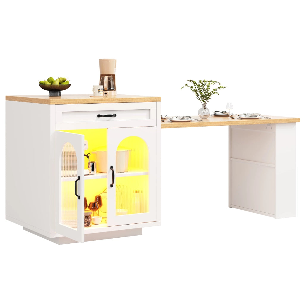 Isola Cucina Allungabile con LED ¨C MINIMAL ¨C MDF, Vetro, 2 Cassetti