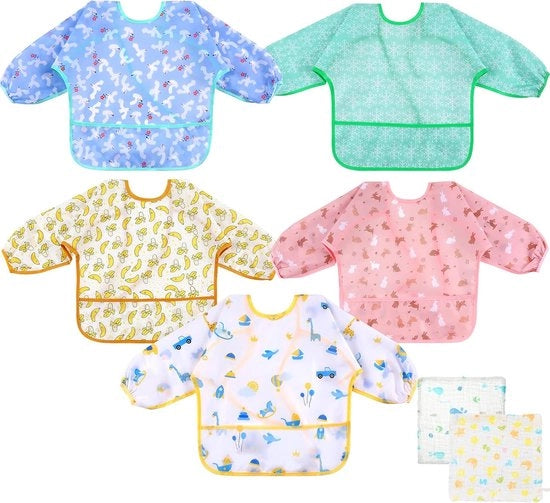 Set di asciugamani per bambini, set di asciugamani con contenitore per bambini da 0 a 24 mesi, asciugamani per bambini con maniche, 5 pezzi di asciugamani, lavabili, per giocare e decorare.