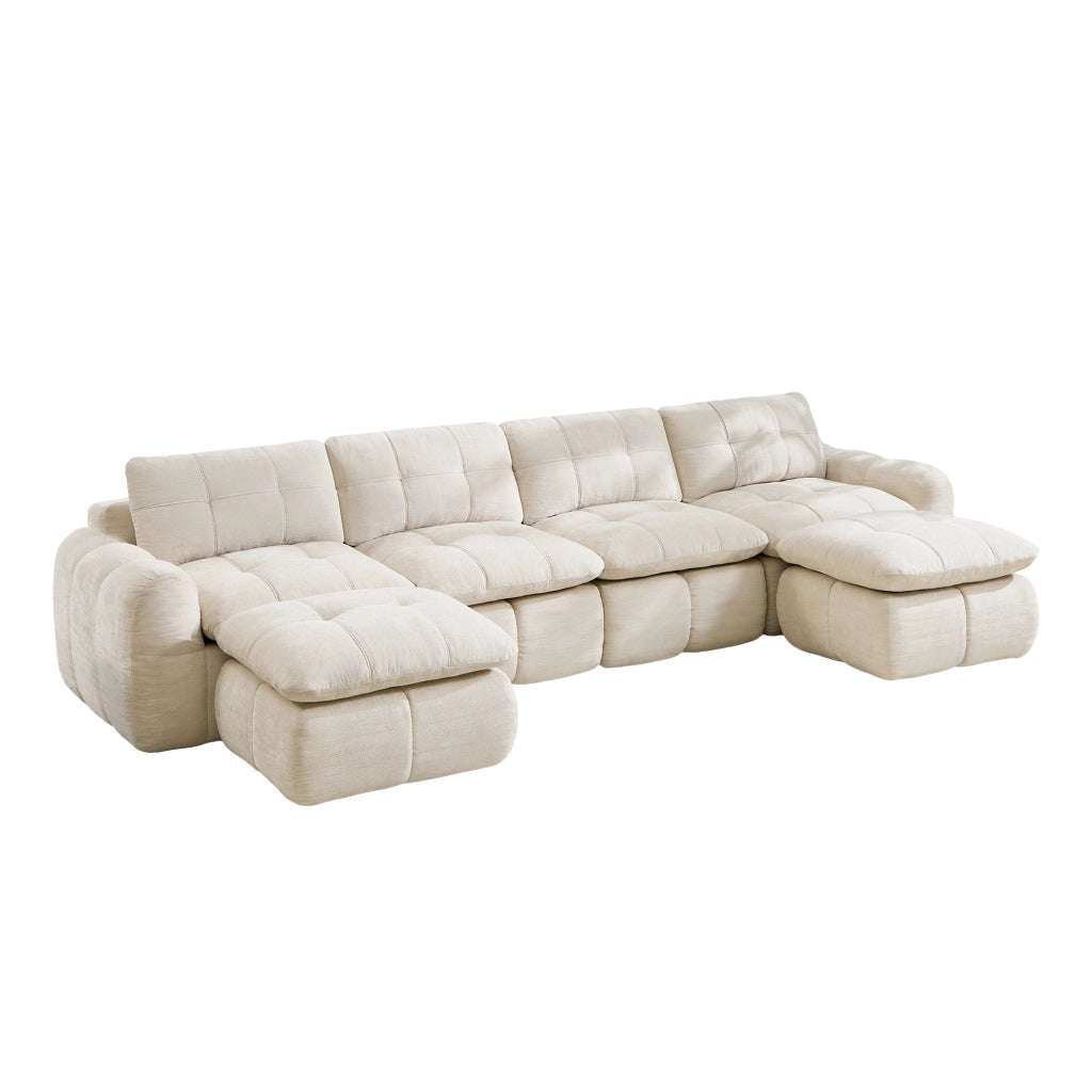 Divano modulare 4 posti con seduta ampia e cuscini morbidi in chenille beige