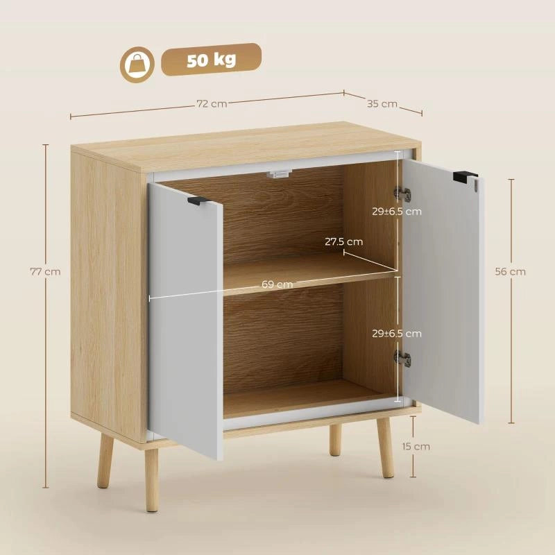 CREDENZA MODERNA A 2 ANTE CON RIPIANO REGOLABILE, 72X35X77 CM, BIANCO LUCIDO E ROVERE