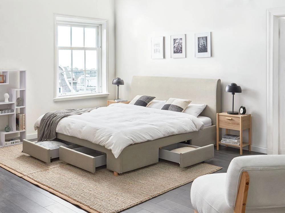 Letto con cassetti imbottito in tessuto 180 x 200 cm con rete a doghe design moderno scandinavo beige