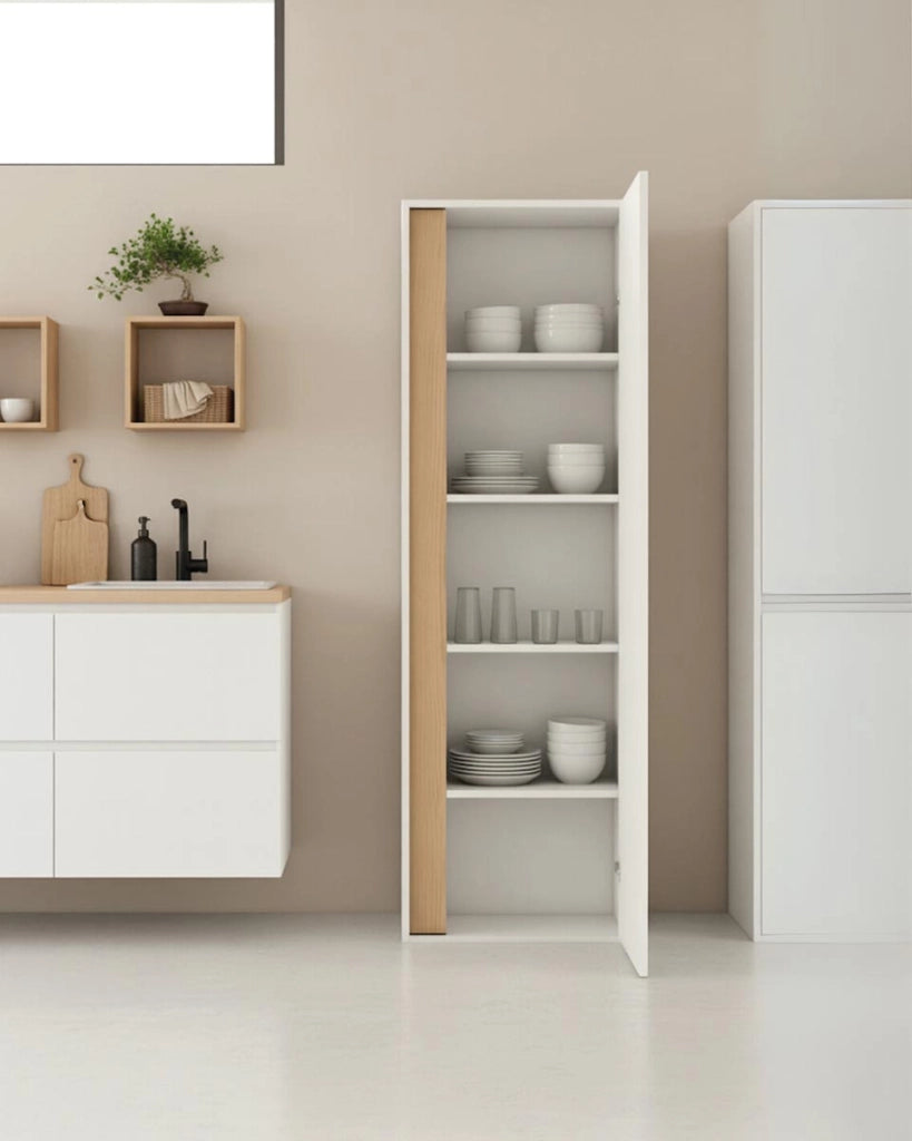 Armadio multiuso Joy - Dispensa salvaspazio con 4 ripiani regolabili - Struttura bianca con finitura virginia - 60 L. x 176 H. x 35 P._