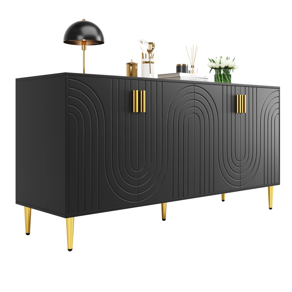 OKWISH Credenza con 2 Ante e 4 Vani, Dispositivo Antiribaltamento, Frontale Ondulato, MDF, 152 x 40 x 75 cm, Nero