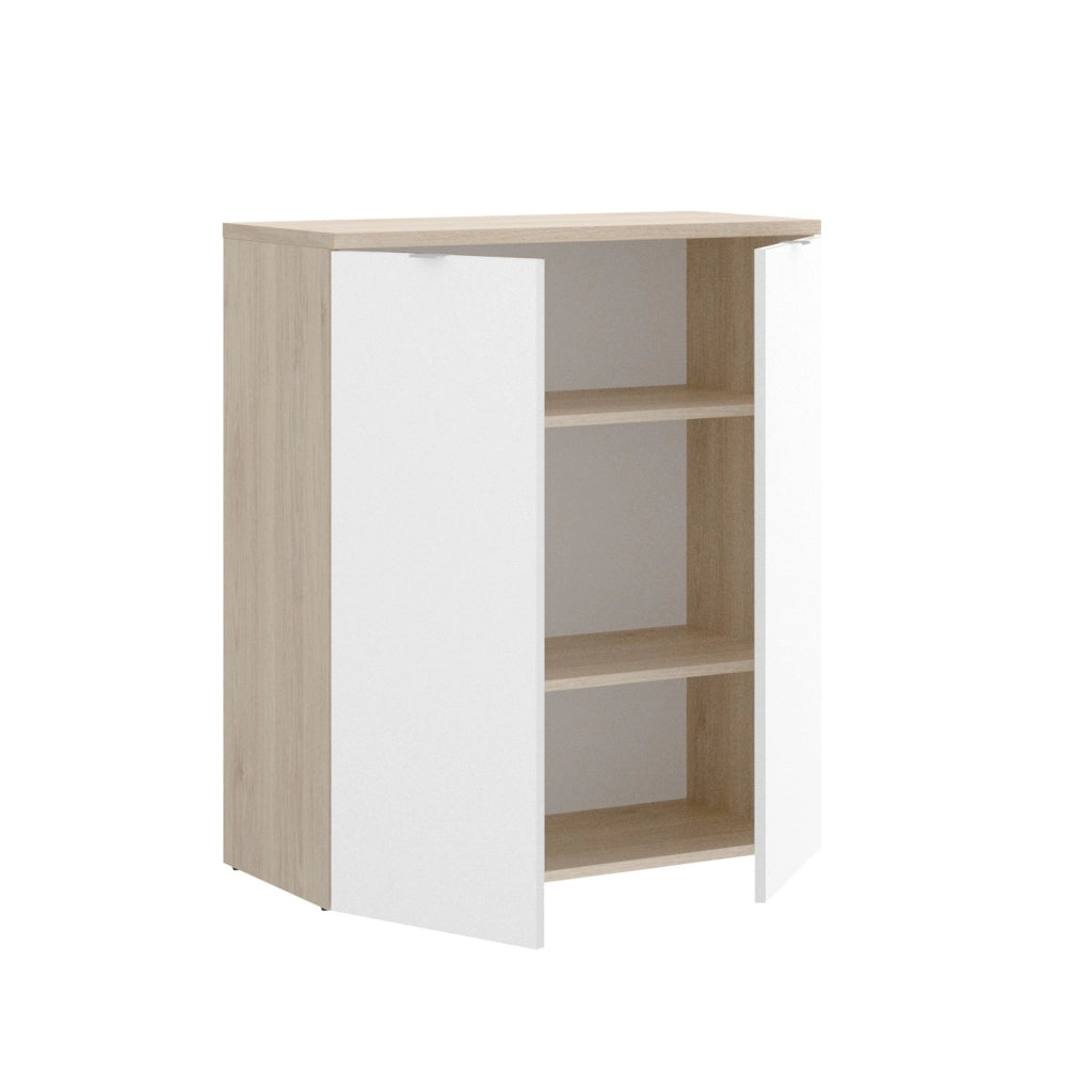 Armadio multiuso Alicha, Mobile basso multifunzione, Armadietto a 2 ante, 79x40h96 cm, Bianco e Rovere