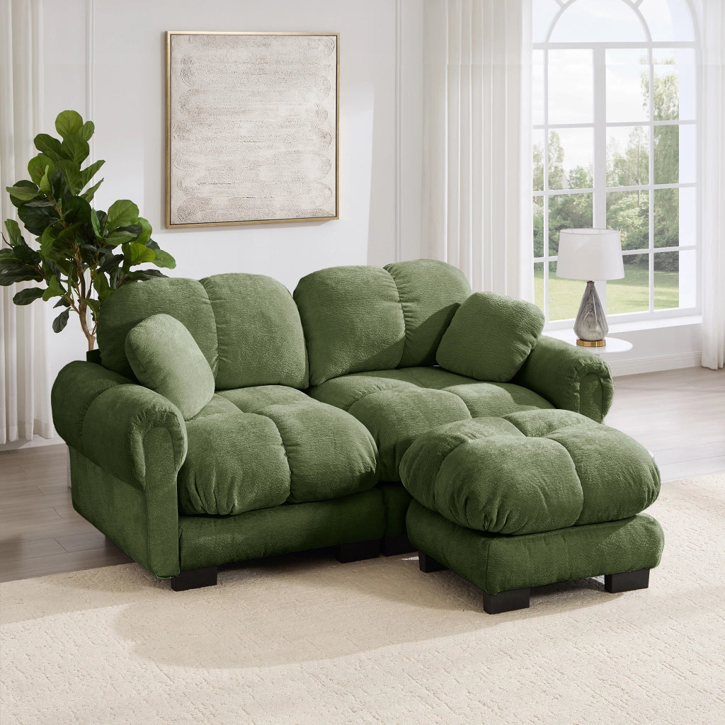 Divano angolare modulare in ciniglia con cuscini spessi e pouf mobile, schienale ergonomico, verde