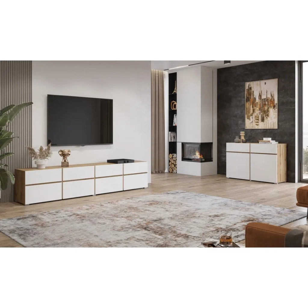 Mobile TV XL HAVANA – 225 cm – 4 ante a ribalta e 4 cassetti – Rovere e bianco – Design moderno