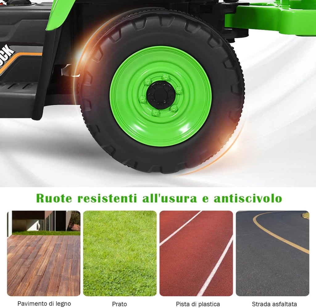 Trattore con Rimorchio Cavalcabile per Bambini 12V, Trattore Elettrico Telecomandato, con Luci e Suoni, 30kg, 3+ Anni (Verde)