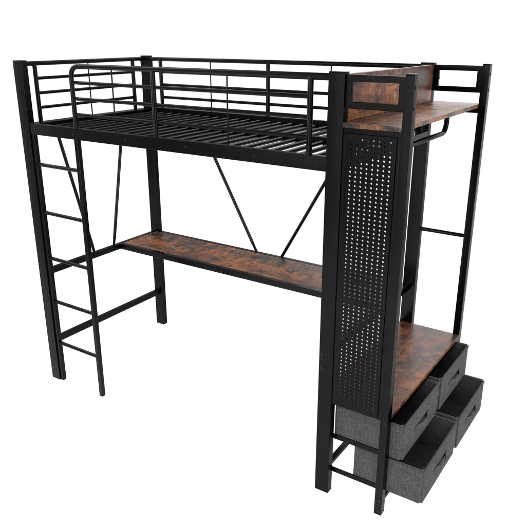 Letto a Soppalco con Scrivania; 4 Cassetti; USB; Tipo C e LED 90×200 cm; senza Materasso