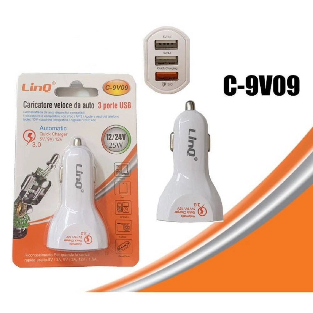Trade Shop - Caricabatteria Da Auto Caricatore Ricarica Veloce 3 Porte Usb 12/24v 25w C-9v09 -