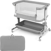 Culla da Affiancare per Neonati, Culla per Bambini con Altezza Regolabile a 6 Livelli, con Mensola Portaoggetti, Materasso e Borsa da Trasporto, per Bambini 0-6 Mesi (Grigio Chiaro)