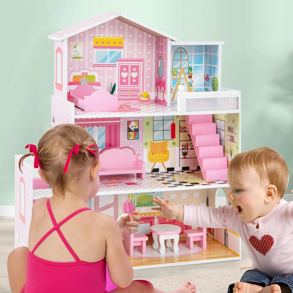 Casa delle Bambole in Legno, Casetta delle Bambini con 5 Stanze e 10 Mobili, 3 Piani, Regalo per Bambini 3+ Anni, 60 x 25 x 70 cm