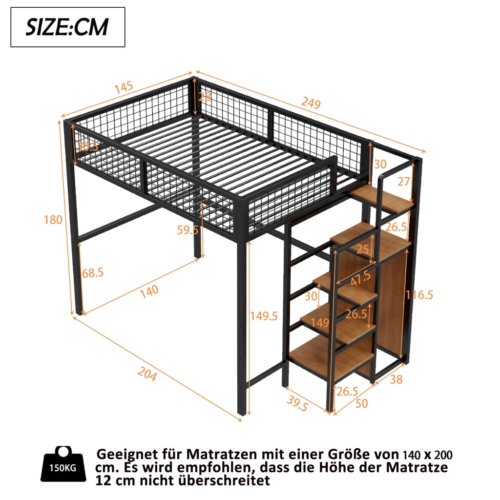 OKWISH Letto a Soppalco 140×200 cm, Letto Matrimoniale con Scala, Mensole e Armadio, senza Materasso, in Metallo, Nero