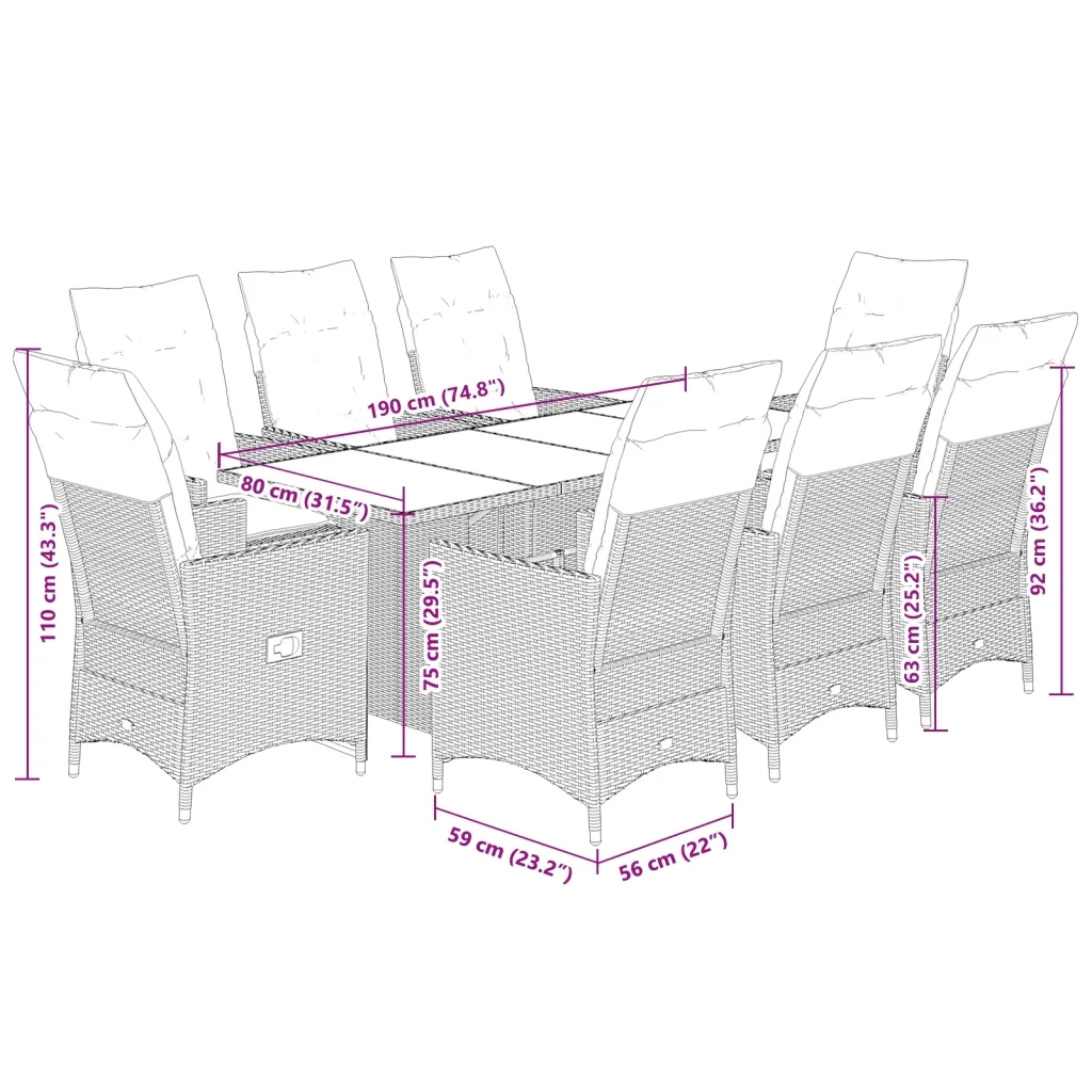 Set da Pranzo da Giardino 9 pz con Cuscini Beige in Polyrattan