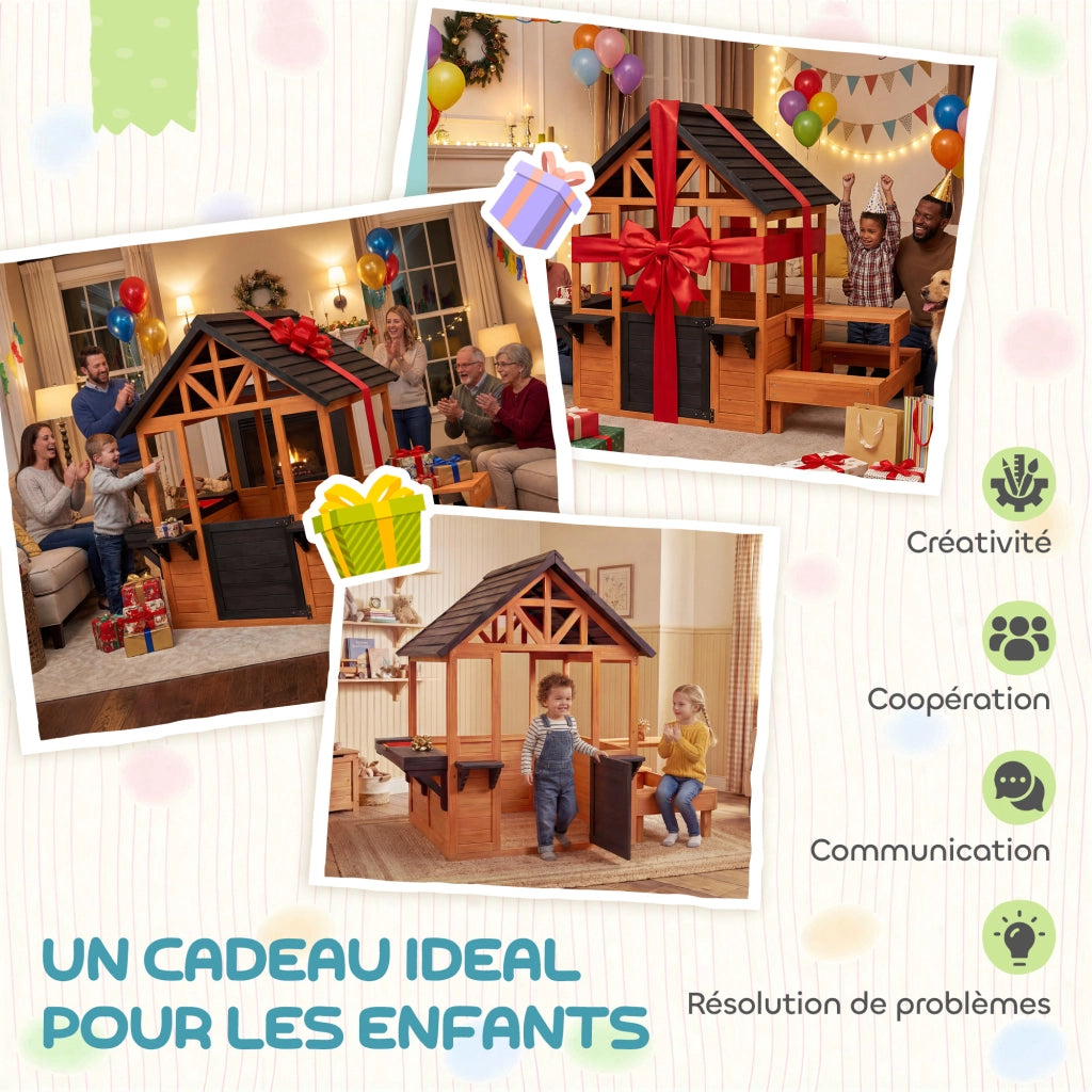 Casetta per bambini in legno con tavolo, panche e fioriere ¨C zephmum ¨C marrone