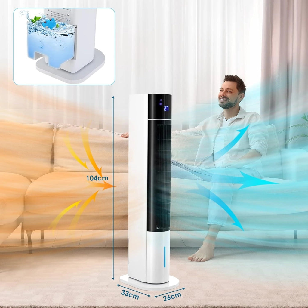 Ventilatore a Torre da 104 cm con Telecomando e Raffreddamento ad Acqua, 4 In 1 con Raffreddamento Umidificazione, Oscillazione di 50°, Timer 12 Ore, Silenzioso per Camera da Letto, Soggiorno