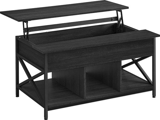 Salontafel con coperchio - Tavolo da salotto con coperchio aperto e chiuso - X in pianta - grigio scuro e nero - 60 x 100 x (48-62) cm