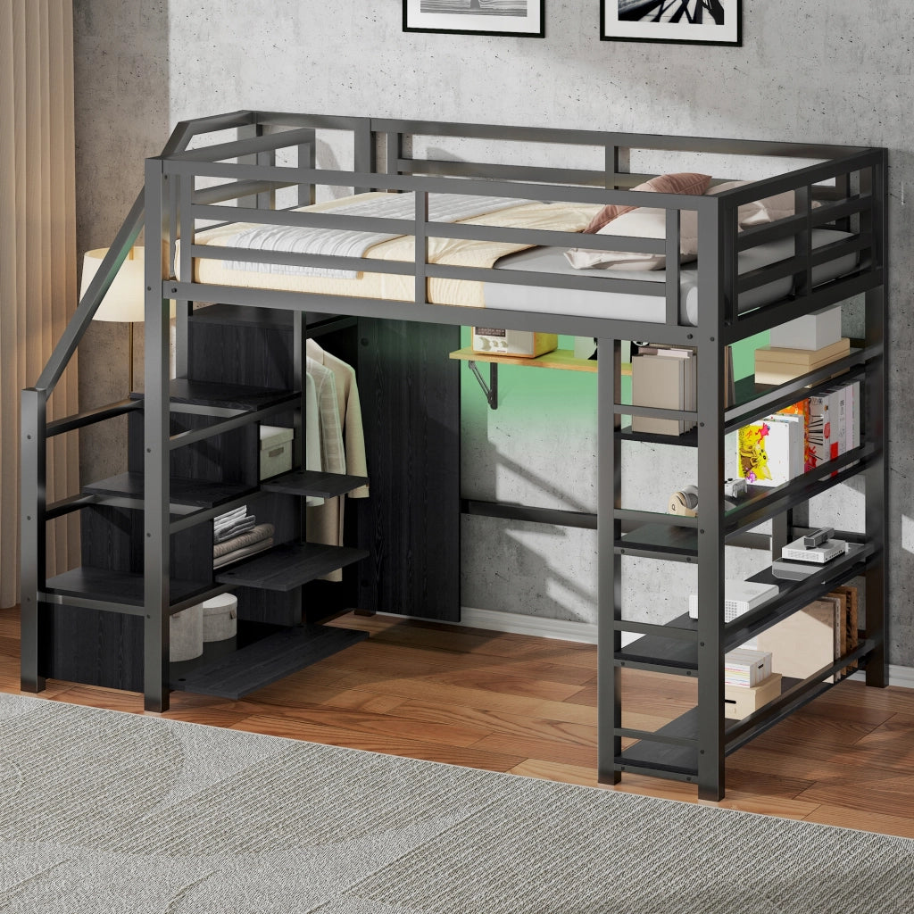 Letto a castello 140x200 - Xylo - Con armadio, LED, nero