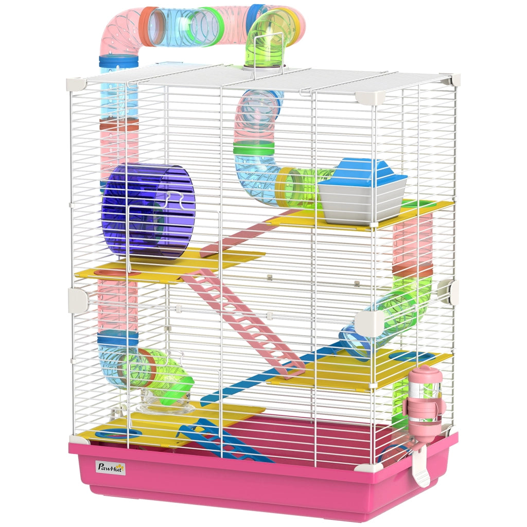 Gabbia per Criceti con Tunnel Piattaforme Ciotola Abbeveratoio Casetta Ramp e Ruota Esercizio ¨C zephmum ¨C Rosa 46x30x58 cm