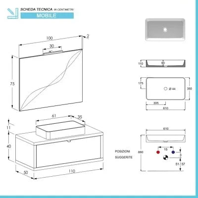 Mobile bagno sospeso 110 cm grigio chiaro con lavabo da appoggio e specchio Master