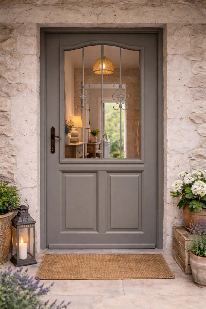 Porta d'ingresso in legno vitreo, Santiago grigio RAL7039, H,200xl,90 p, destra Cote Tableau senza maniglia
