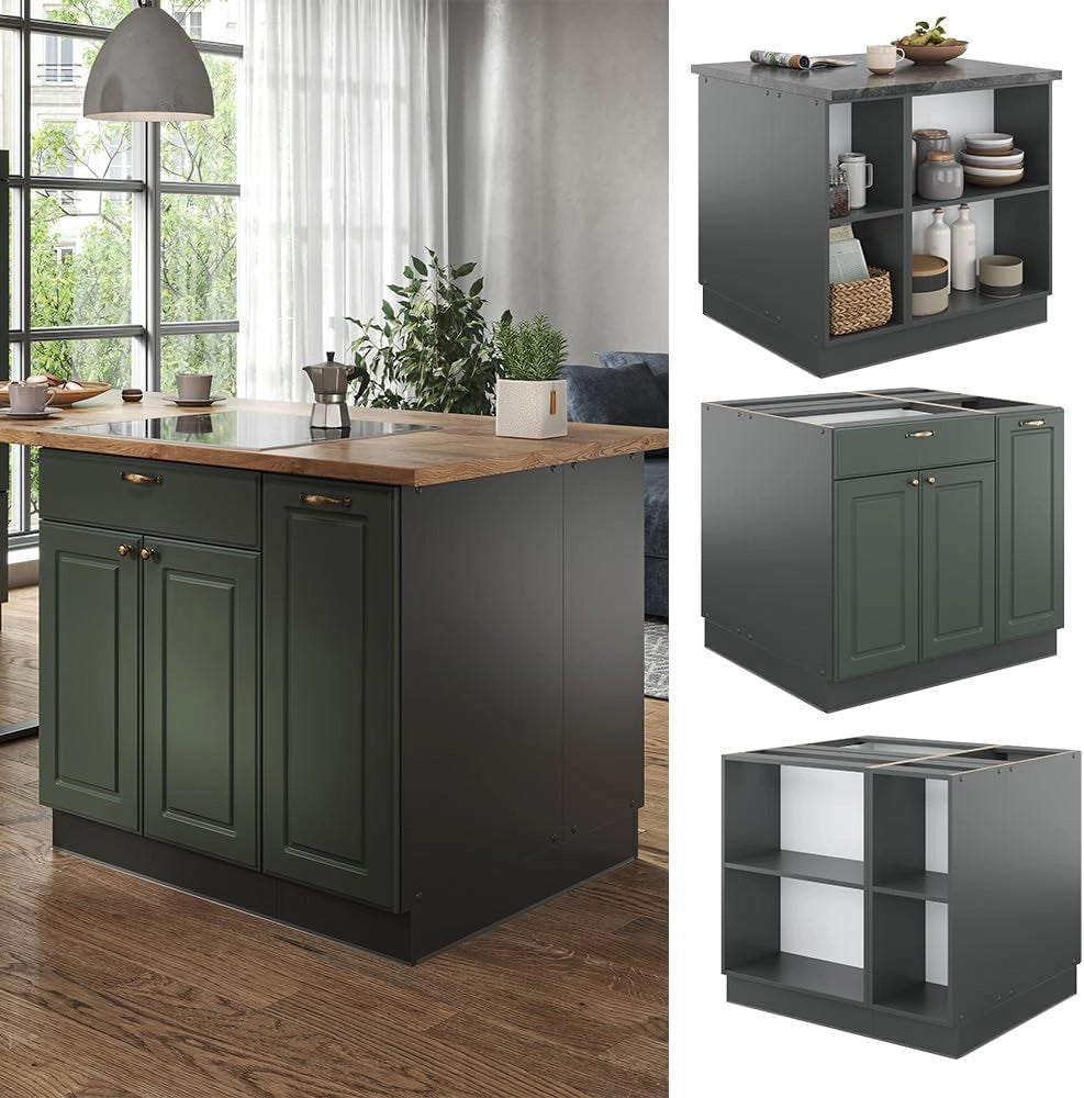 Isola cucina Fame-Line, Verde-oro Country House/Antracite, 90 cm con cassetto, senza piano di lavoro, per l'espansione flessibile tramite moduli aggiuntivi compatibili