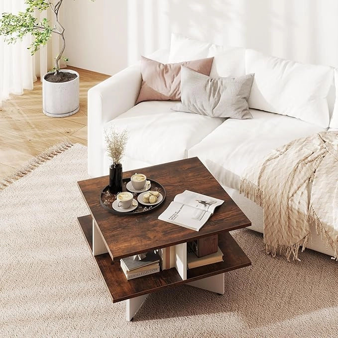 Tavolino da Caffè a 2 Livelli, Tavolo da Salotto con 4 Scomparti per Storage e Base a Croce, Tavolo Moderno per Studio, Ufficio e Soggiorno, Marrone e Bianco