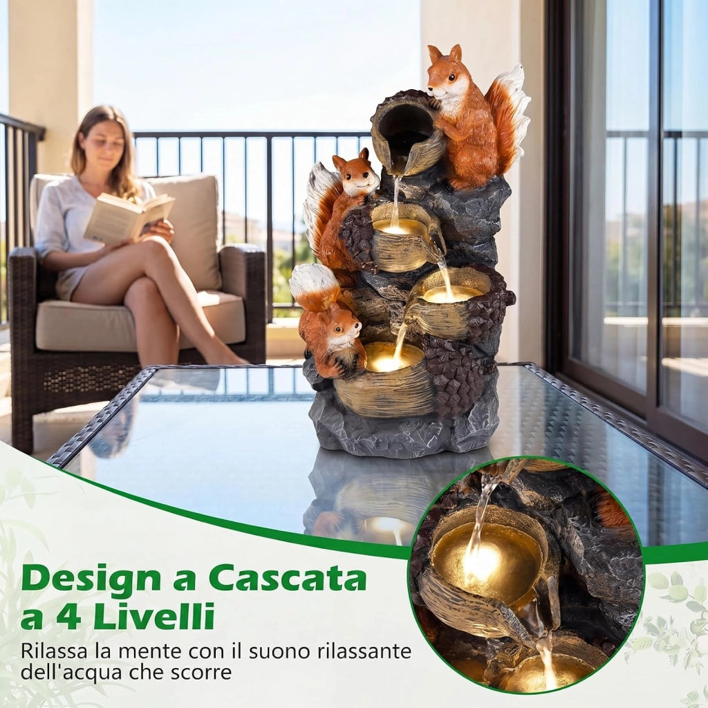 Fontana a Cascata, Fontana da Esterno ed Interno con 4 Luci LED e Flusso d'Acqua Rilassante, Fontana a Forma di Scoiattolo e Nocciola in Resina Selezionata, 34 x 25 x 59 cm