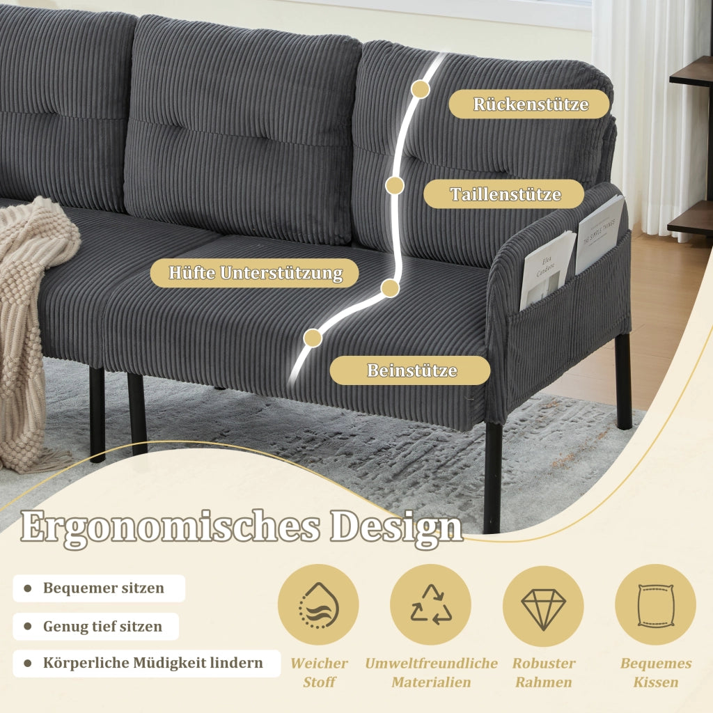 Divano a 3 posti in velluto a coste con ampia seduta, schienale ergonomico, tasca laterale e struttura in metallo grigio