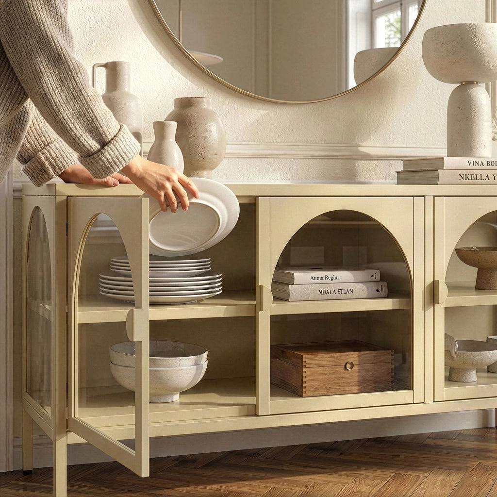 Vetrina Bassa Klippestad a 3 Ante in Vetro Credenza con 4 Scomparti 118 x 35 x 55 cm - Color Cammello [en.casa]