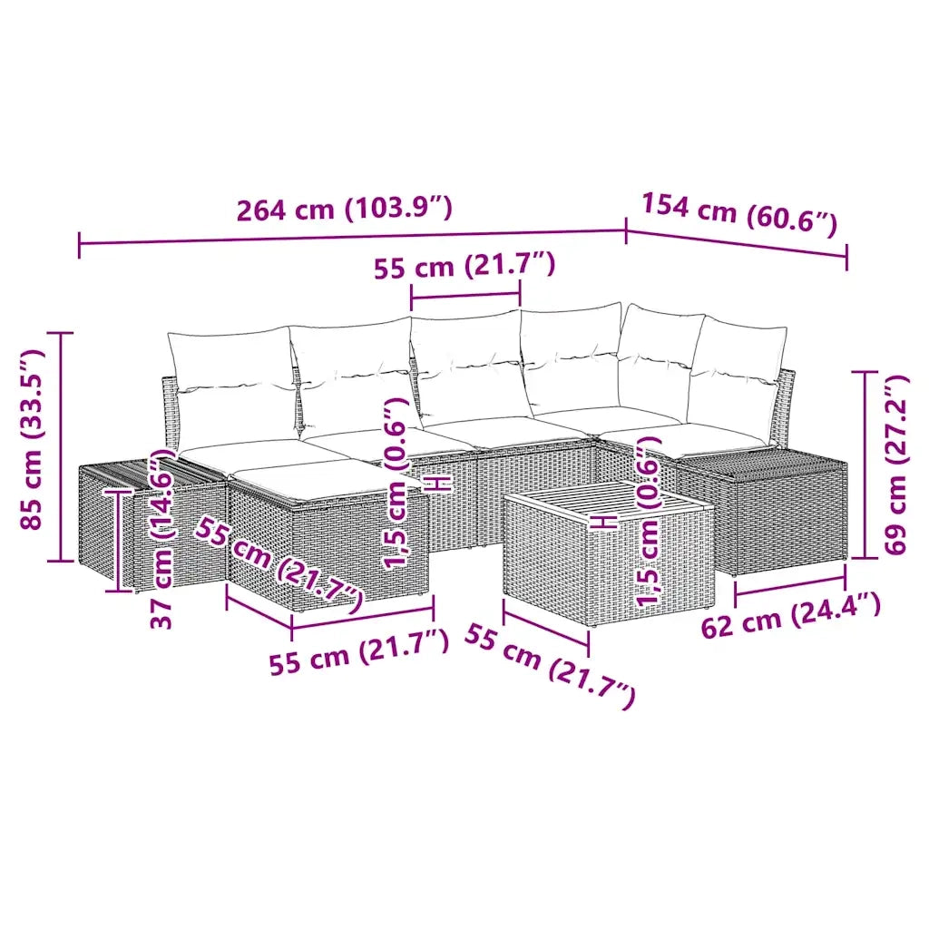 Set Divano da Giardino con cuscino 7 pcs Nero polyrattan 3347978