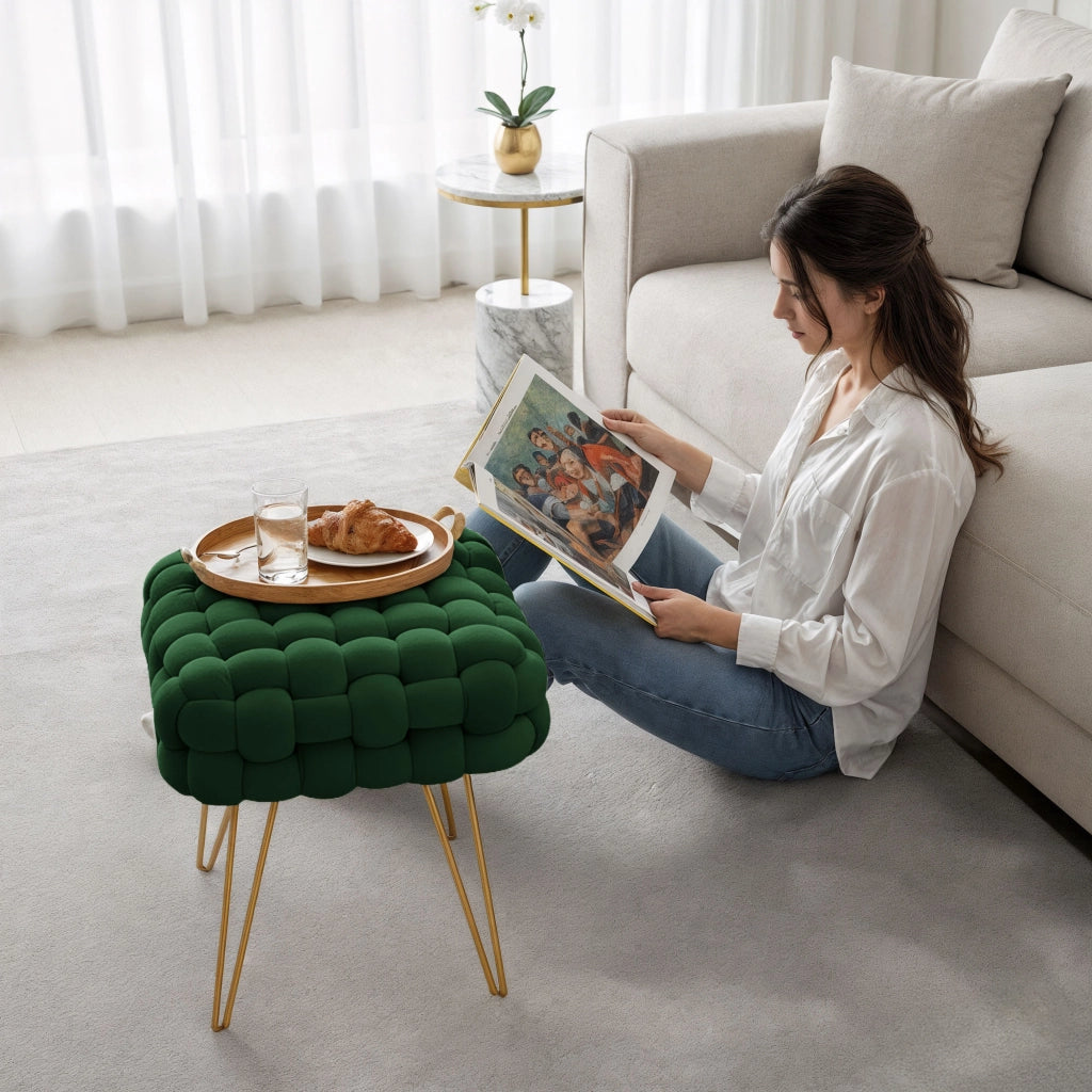 Pouf sgabello in velluto intrecciato 38 cm DOTTY Verde Bottiglia