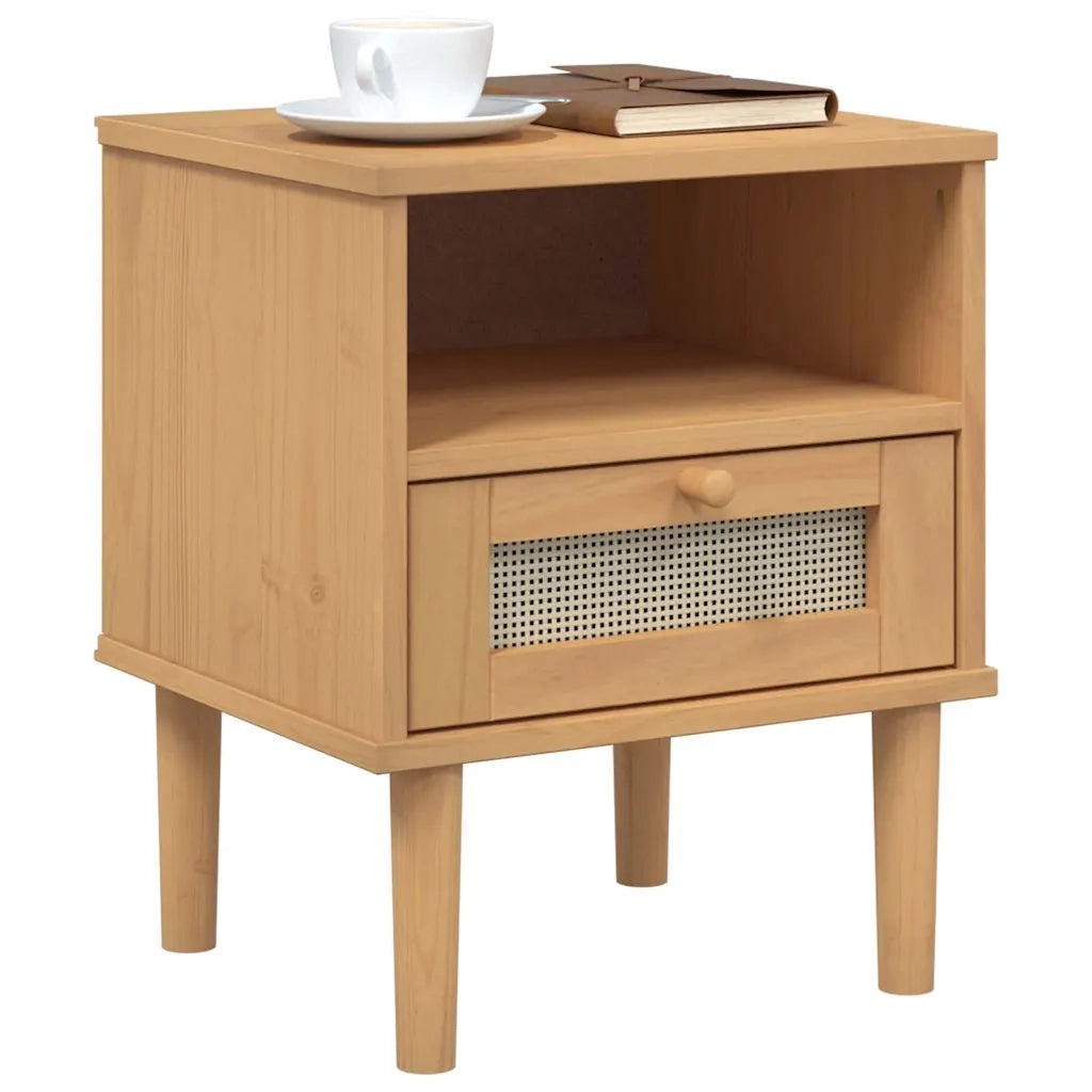 Comodino SENJA Marrone Aspetto Rattan 40x35x48 cm in Legno Pino 358010