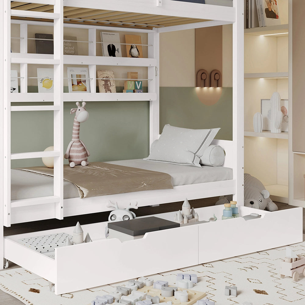 Letto a castello bambino 90x200cm - Xylo - bianco, 5 ripiani, 2 cassetti, sicuro