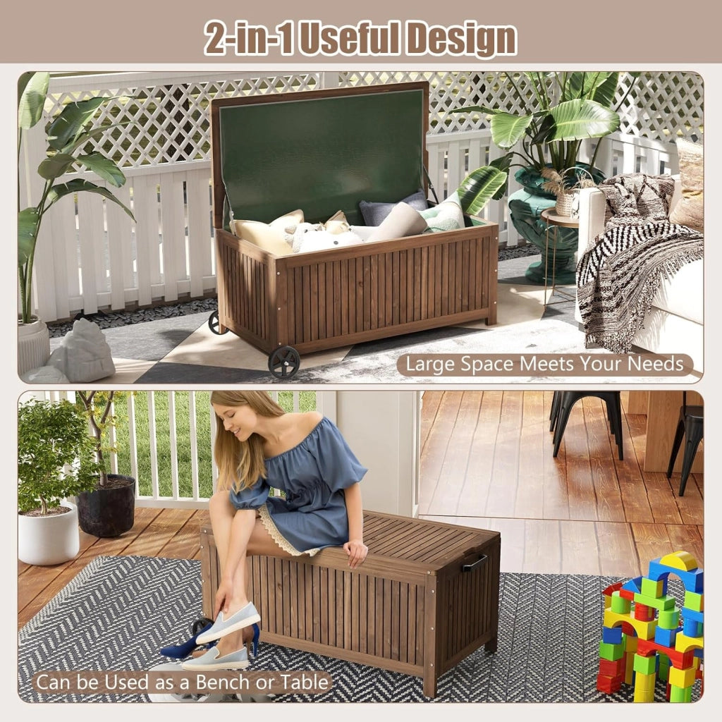 Scatola da giardino in legno, resistente alle intemperie, 213 l, con tasca interna, contenitore con ruote, con coperchio e manico, 114 x 58,5 x 51 cm
