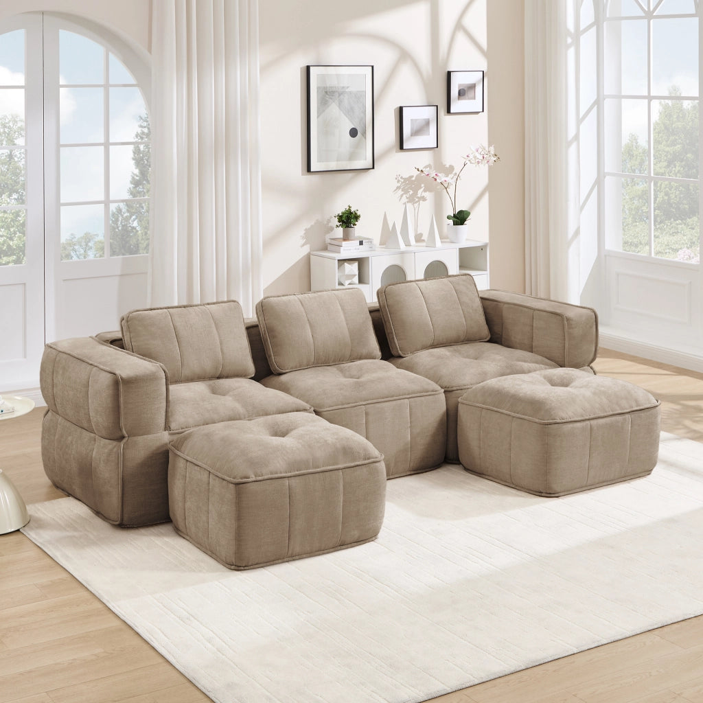 Divano modulare a U 3 posti con seduta profonda e pouf senza struttura in poliestere sabbia 271 × 162 × 67 cm