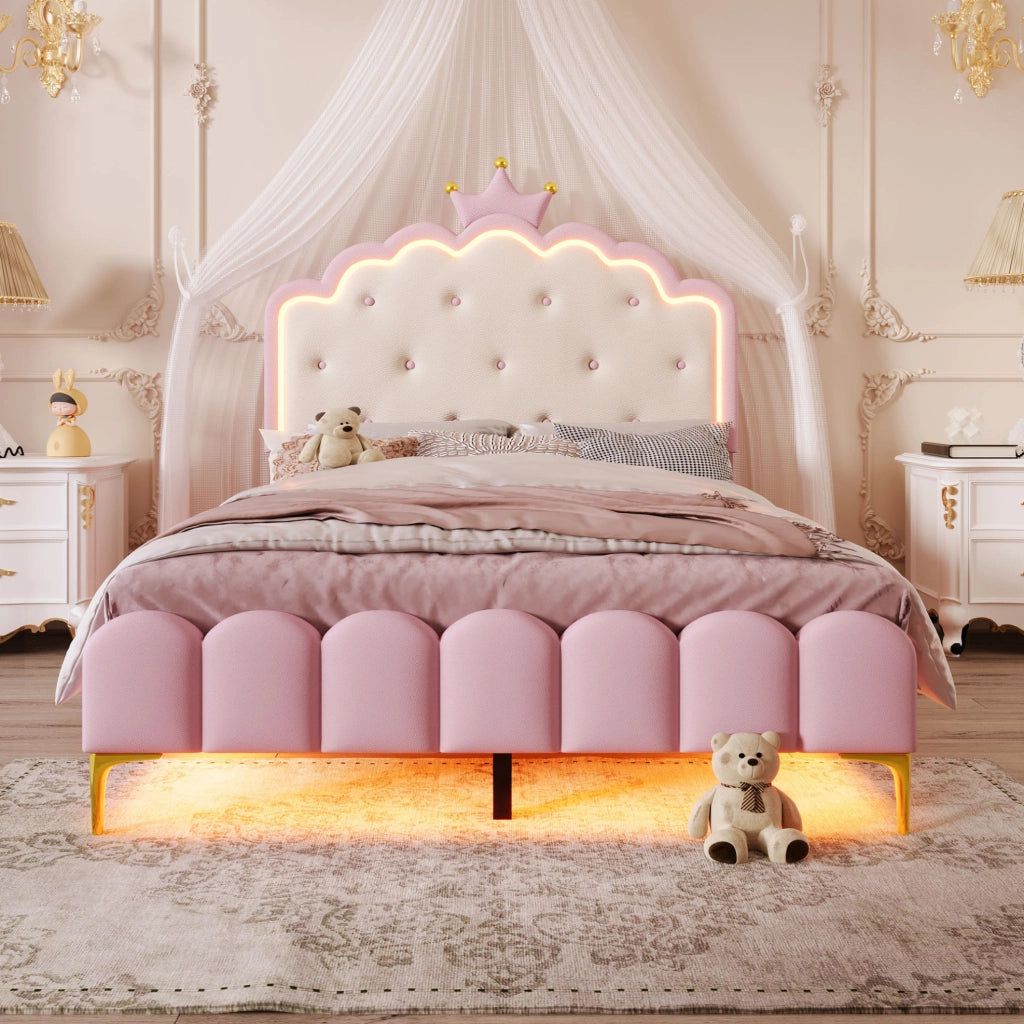 Letto principessa 140x200 cm con luci LED controllabili da app; PU; rosa (Senza materasso)