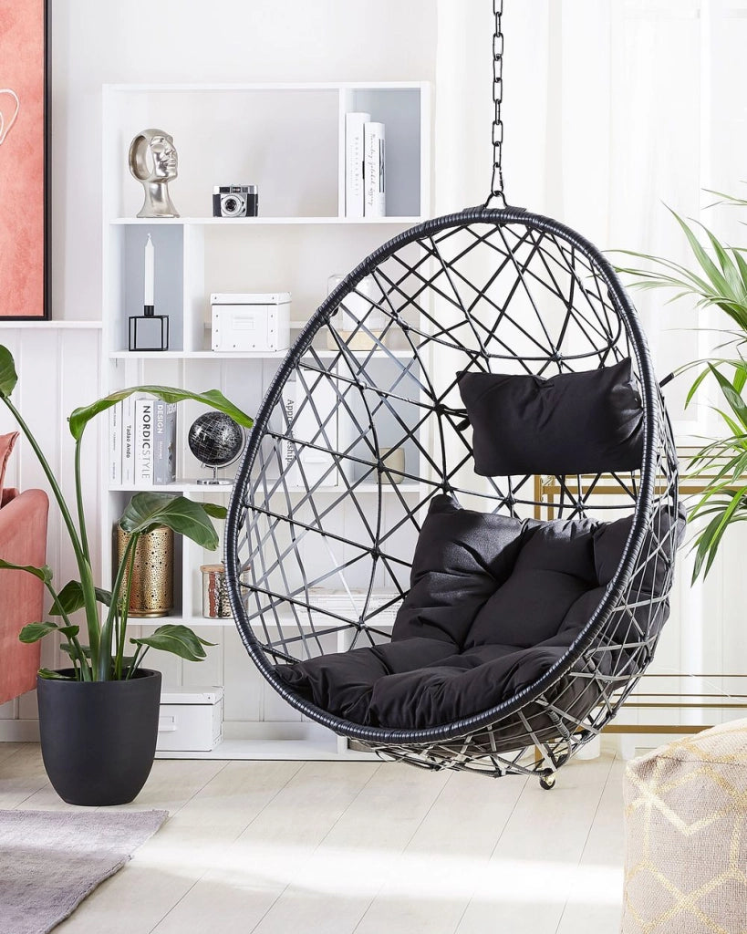 Sedia sospesa poltrona pensile Cestino di vimini rotondo in rattan Nero senza supporto con cuscini Boho