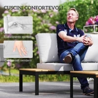 Set da Giardino 4 Pezzi con 2 Divanetti 2 Posti e 2 Tavolini in Metallo e Legno Composito, Grigio Nero e Teak