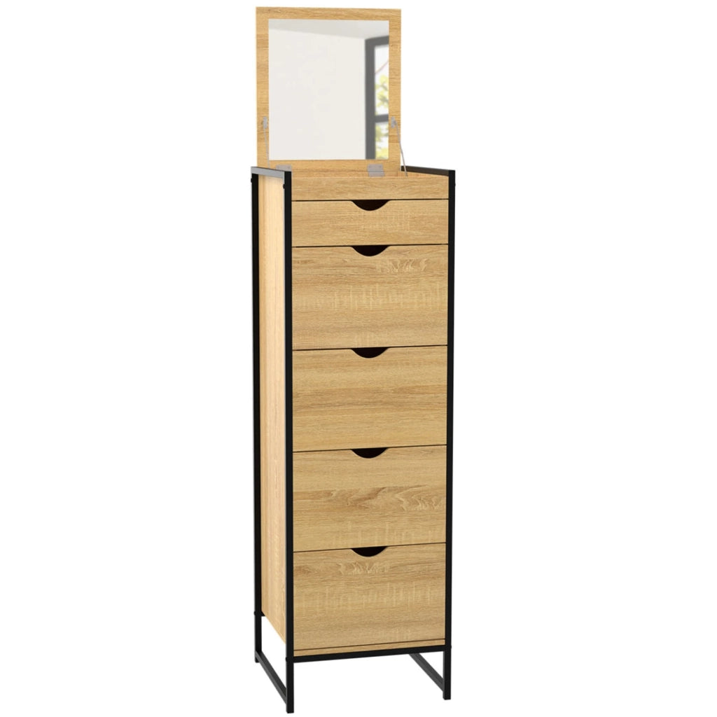 IDMarket - DETROIT Cómoda 5 cajones + 1 espejo 40 cm mueble recibidor de diseño industrial