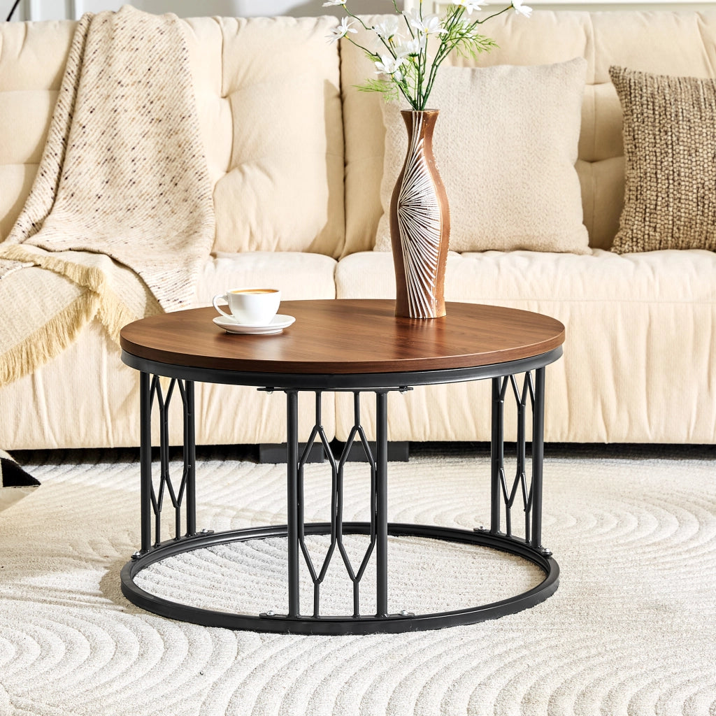 Tavolino basso rotondo con piano effetto legno, base in metallo e anello antiscivolo per soggiorno, noce, 70 × 40,5 cm