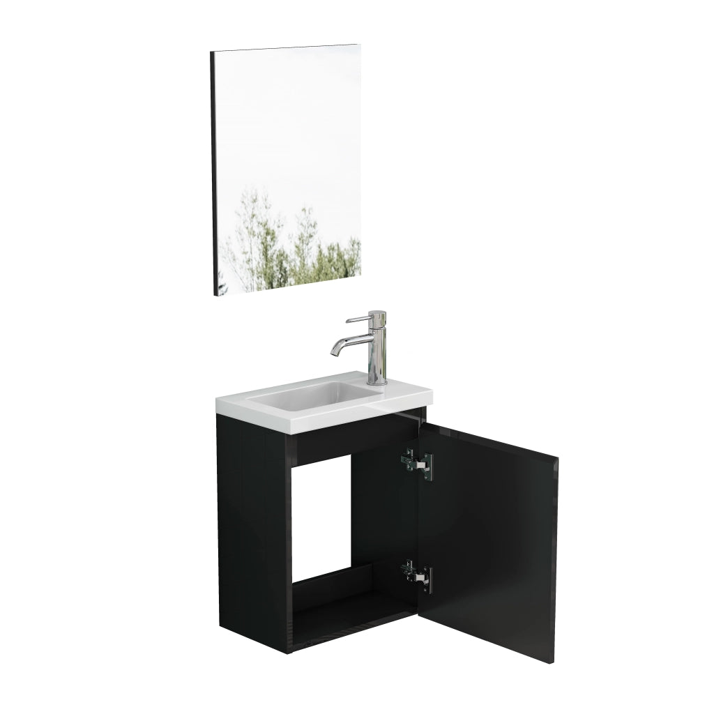 Mobile bagno sospeso con lavabo in ceramica e specchio; chiusura ammortizzata; per bagno; in MDF; nero lucido