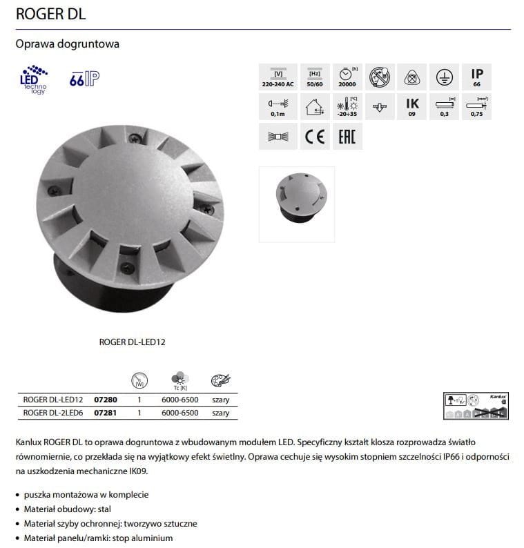 Faretto da incasso a terra Kanlux ROGER 7281 LED 1W IP66