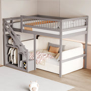 OKWISH Letto a soppalco 140×200 cm, Letto Matrimoniale con Scala Contenitore, 3 Armadietti e Sponda Alta, senza Materasso, Grigio