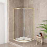 Box Doccia Semicircolare 90X90 cm H.190 Oro Spazzolato Porta Scorrevole Vetro 6 mm Trasparente Anticalcare, Piatto Doccia Bianco