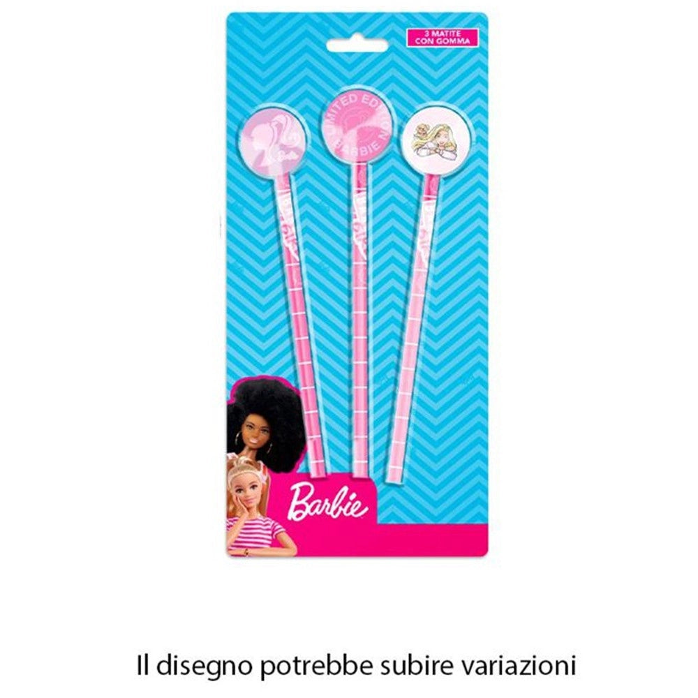 Trade Shop - Set 3 Pz Matite Con Gomma Tema Barbie Accessori Per Disegno Scuola Bambine 955548 -